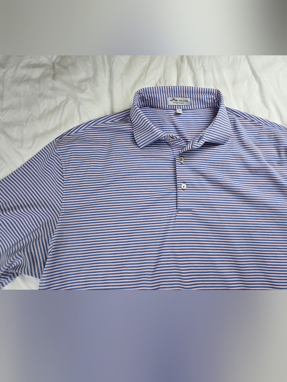 Peter Millar Summer Comfort Polo Shirt Mens Large Pink Blue Striped Golf Polo - Picture 3 of 3